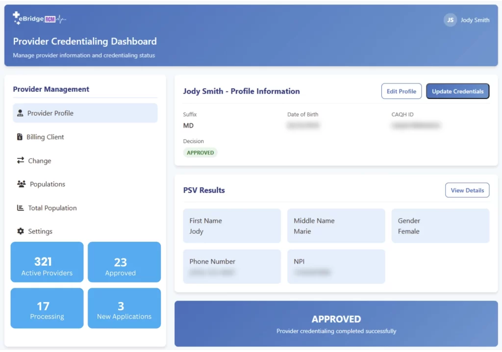eBridgeRCM Credentialing Dashboard